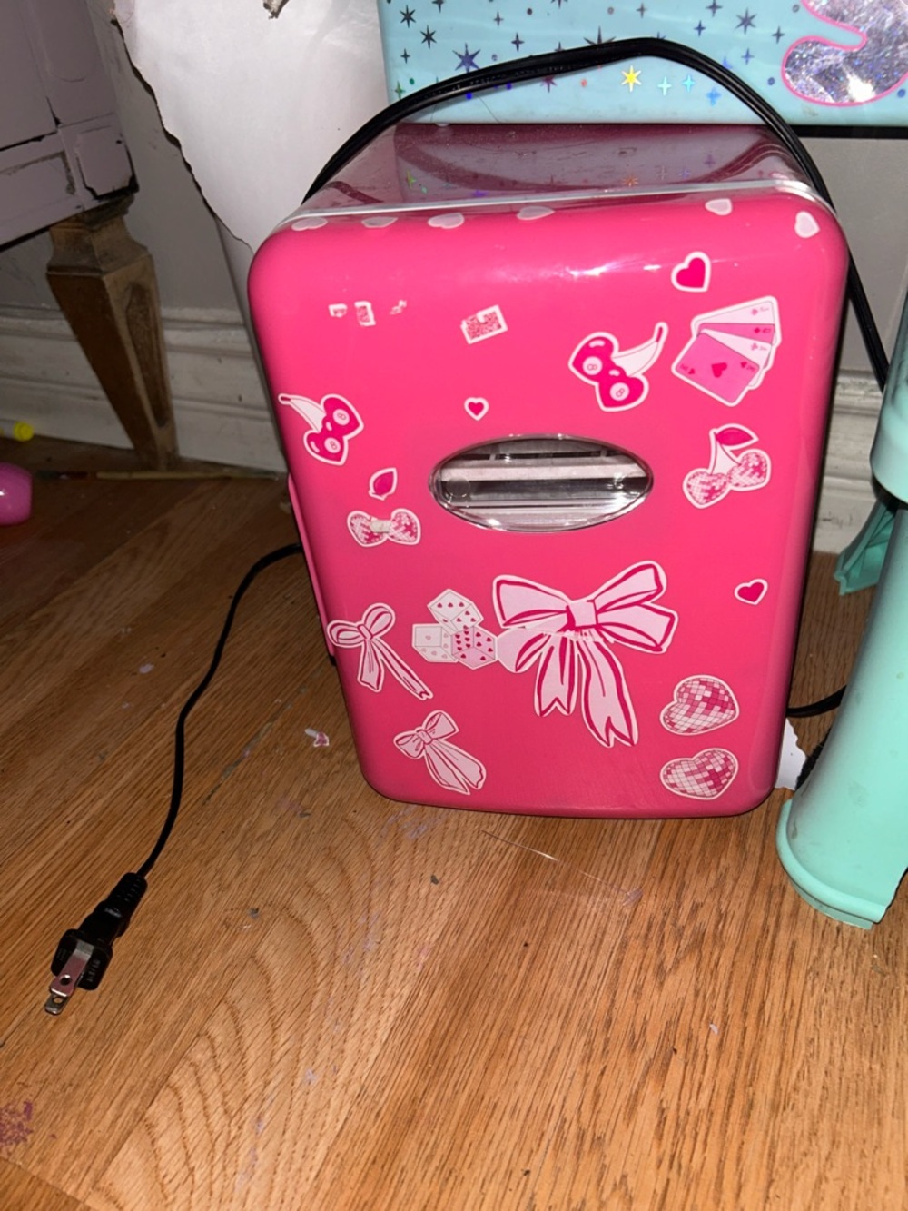 Pink Decorative Mini Fridge with Bow & Heart Graphics